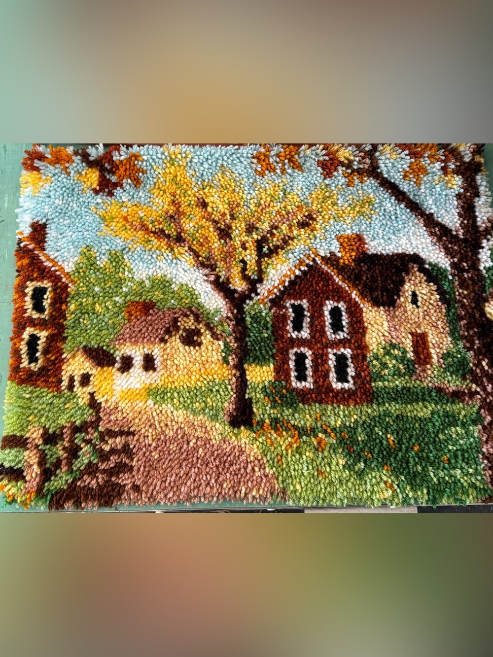Vintage latch hook rug wall decor houses fall scene country cottage core